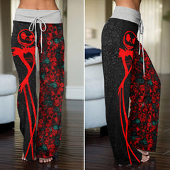 Red Skeleton Flower Art Women's High-waisted Wide Leg Pants