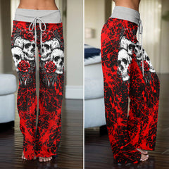 Red Skull Rose Art Women's High-waisted Wide Leg Pants