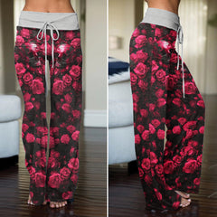 Pink Skull Rose Artwork Women's High-waisted Wide Leg Pants