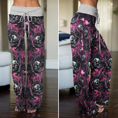 Skull Rose Abstract Pattern Women's High-waisted Wide Leg Pants