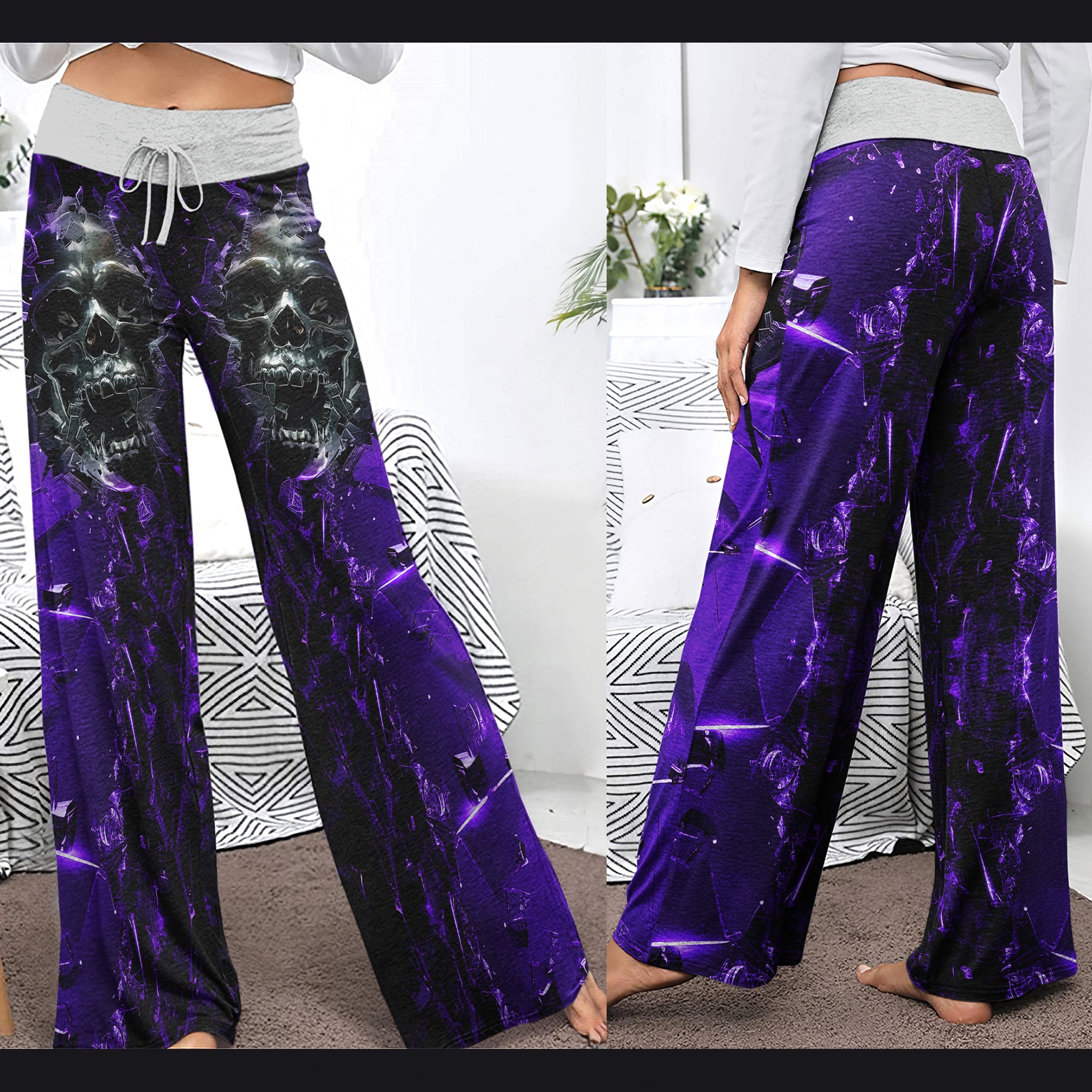 Purple Skull Broken Mirror Women's High-waisted Wide Leg Pants | Wonder Skull