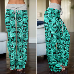 Cyan Whimsical Skull Paisley Women's High-waisted Wide Leg Pants