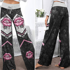 Pink Skull Lip Pattern Women's High-waisted Wide Leg Pants