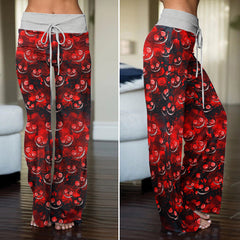 Red Face Skull Pattern Women's High-waisted Wide Leg Pants