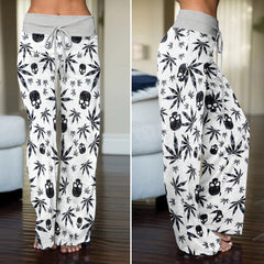 Black Skull Leaf Pattern Women's High-waisted Wide Leg Pants