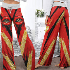 Red Skull Lip Glitter Women's High-waisted Wide Leg Pants