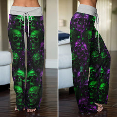 Violet Green Skull Pattern Women's High-waisted Wide Leg Pants