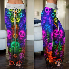 Neon Sugar Skulls Pattern Women's High-waisted Wide Leg Pants