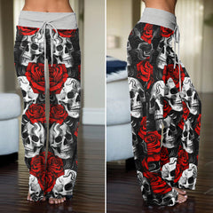 Red Rose Skull Pattern Women's High-waisted Wide Leg Pants