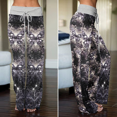Celestial Gothic Skull Butterfly Women's High-waisted Wide Leg Pants