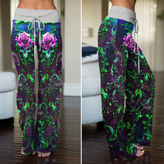 Skull Rose Thorn Art Women's High-waisted Wide Leg Pants