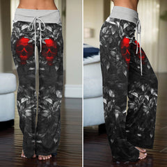 Red Skull Leaf Art Women's High-waisted Wide Leg Pants