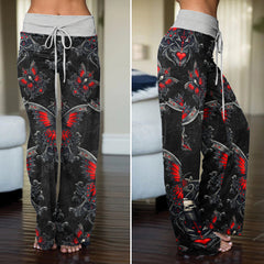 Butterfly Skull Heart Thorns Women's High-waisted Wide Leg Pants
