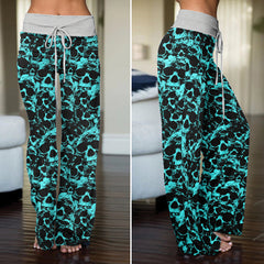 Cyan Skull Pattern Women's High-waisted Wide Leg Pants
