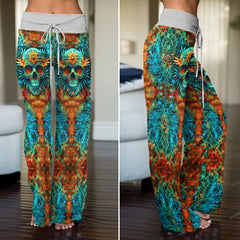 Abstract Skull Leaf Artwork Women's High-waisted Wide Leg Pants