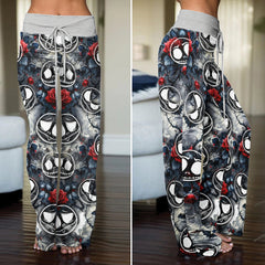Gothic Skull Bloom Rose Women's High-waisted Wide Leg Pants