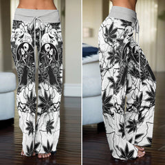 Black Couple Leaf Skeleton Women's High-waisted Wide Leg Pants