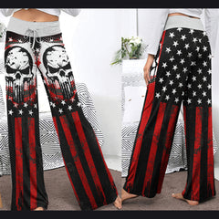 Red Flag Skull Art Women's High-waisted Wide Leg Pants | Wonder Skull
