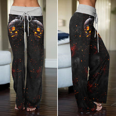 Flaming Skull Art Women's High-waisted Wide Leg Pants