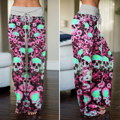 Neon Skull Flower Pattern Women's High-waisted Wide Leg Pants