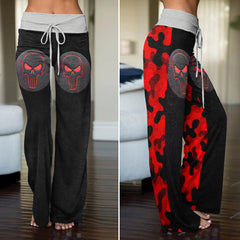 Red Camo Skull Medallion Women's High-waisted Wide Leg Pants