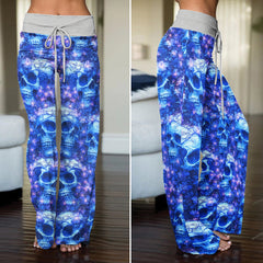Blue Skull Orchid Pattern Women's High-waisted Wide Leg Pants