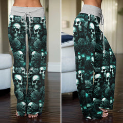 Dark Skull Rose Pattern Women's High-waisted Wide Leg Pants