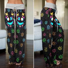 Neon Skull Leaf Art Women's High-waisted Wide Leg Pants