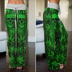 Green Skull Leaf Art Women's High-waisted Wide Leg Pants