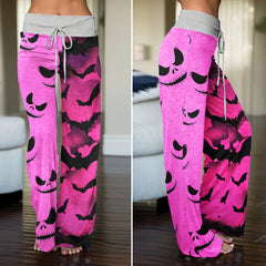 Pink Bat Skull Pattern Women's High-waisted Wide Leg Pants