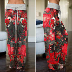 Masked Skeleton Red Bloom Women's High-waisted Wide Leg Pants