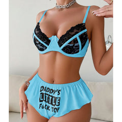 Wonder Skull's Contrast Lace Bra and Panty Set with a playful 'Daddy's Little F Toy' print for a bold and unique touch.