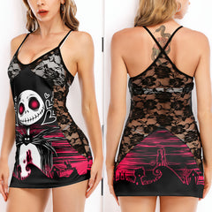 Pink Couple Art Women's Black Lace Cami Dress Babydolls Nightgowns