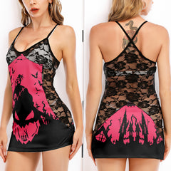 Pink Cartoon Art Women's Black Lace Cami Dress Babydolls Nightgowns