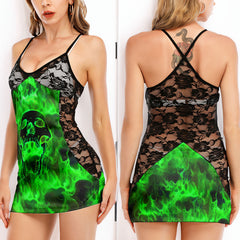Green Skull Fire Women's Black Lace Cami Dress Babydolls Nightgowns
