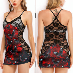Red Butterfly Skull Women's Black Lace Cami Dress Babydolls Nightgowns