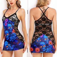 Blue Skull Flower Women's Black Lace Cami Dress Babydolls Nightgowns