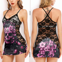 Pink Skull Flower Women's Black Lace Cami Dress Babydolls Nightgowns