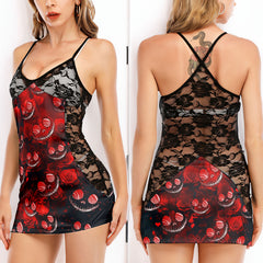Red Face Pattern Women's Black Lace Cami Dress Babydolls Nightgowns