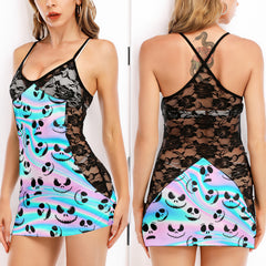 Holographic Face Women's Black Lace Cami Dress Babydolls Nightgowns