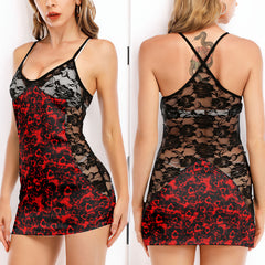 Red Skull Pattern Women's Black Lace Cami Dress Babydolls Nightgowns
