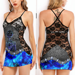 Blue Abstract Art Women's Black Lace Cami Dress Babydolls Nightgowns
