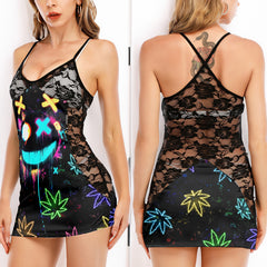 Neon Skull Leaf Art Women's Black Lace Cami Dress Babydolls Nightgowns