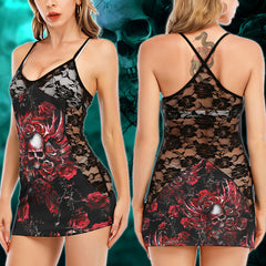 Red Skull Rose Art Women's Black Lace Babydolls Nightgowns | Women Sleepwear Babydoll, Nightgowns