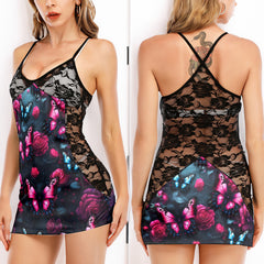 Neon Butterfly Pattern Women's Black Lace Cami Dress Babydolls Nightgowns