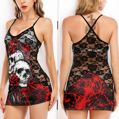 Red Couple Skull Rose Women's Black Lace Cami Dress Babydolls Nightgowns