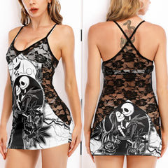 Black Couple Skeleton Leaf Women's Black Lace Cami Dress Babydolls Nightgowns