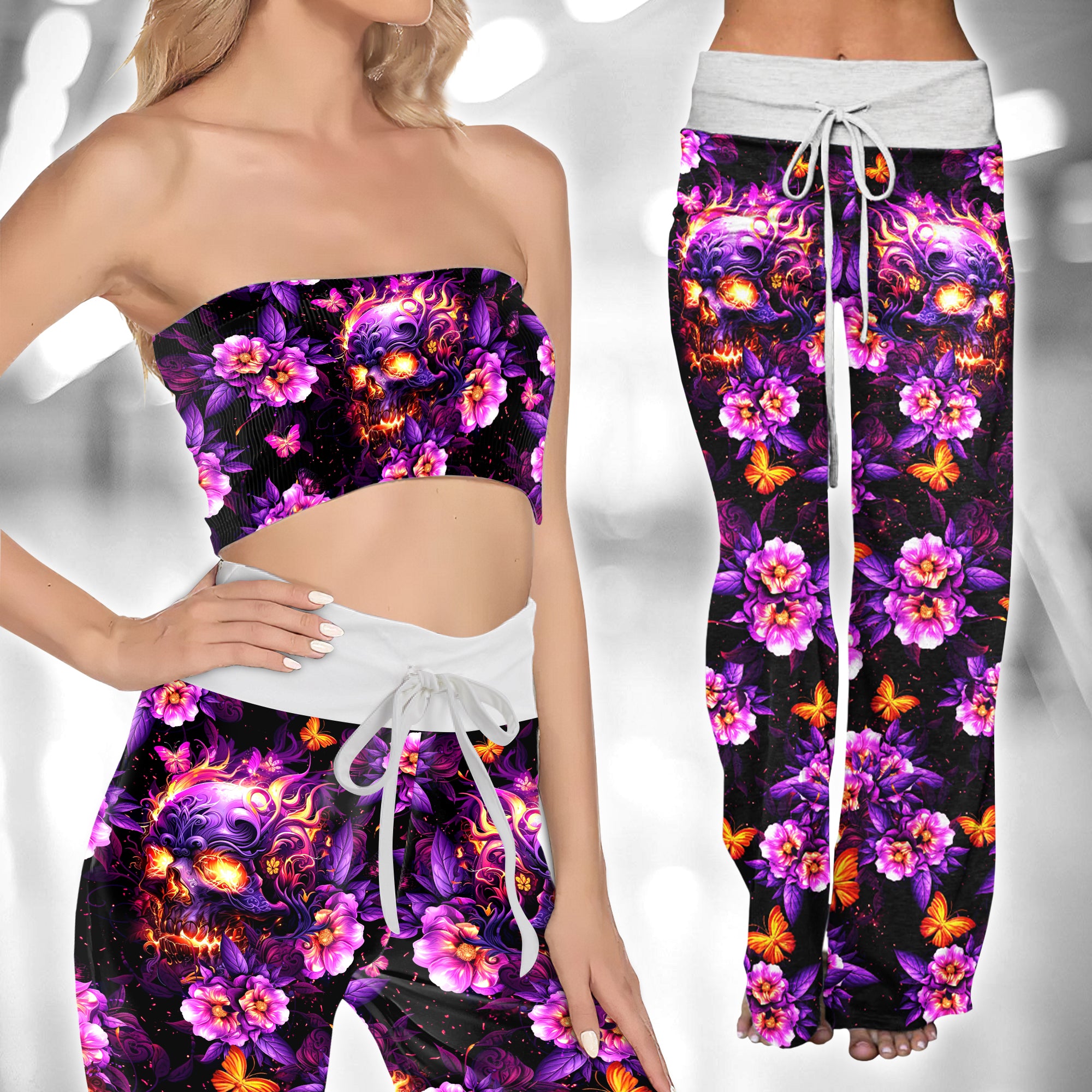 Image featuring a stylish set of women's tube top and high-waisted pants, perfect for summer outings and beachwear. The ensemble exudes a trendy and chic vibe, ideal for resort vacations, beach parties, and poolside lounging. The tube top offers a flattering silhouette, while the high-waisted pants provide comfort and style. This fashionable outfit set is a must-have for anyone looking to make a statement under the sun.