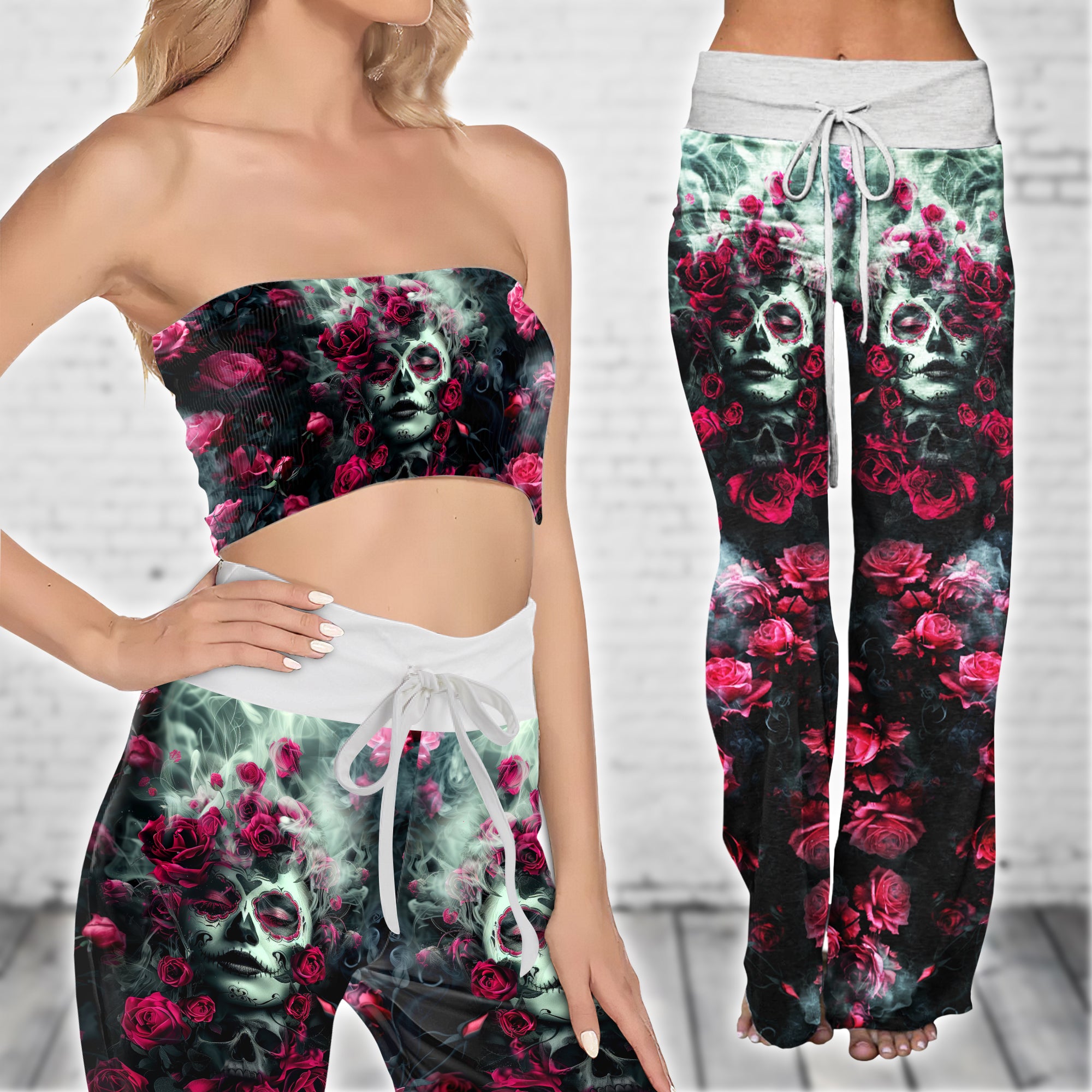 Image featuring a stylish set of women's tube top and high-waisted pants, perfect for summer outings and beachwear. The ensemble exudes a trendy and chic vibe, ideal for resort vacations, beach parties, and poolside lounging. The tube top offers a flattering silhouette, while the high-waisted pants provide comfort and style. This fashionable outfit set is a must-have for anyone looking to make a statement under the sun.