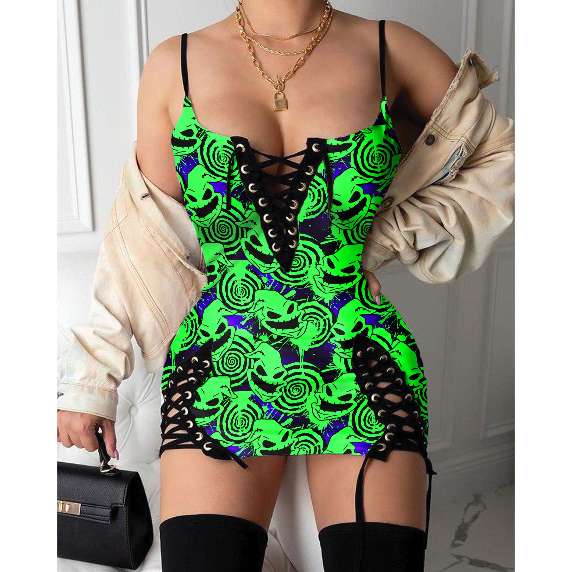 Express your personal style with the Hot Gothic Dress, a timeless piece featuring a unique Green Nightmare Pattern, perfect for enhancing your daily fashion routine.
